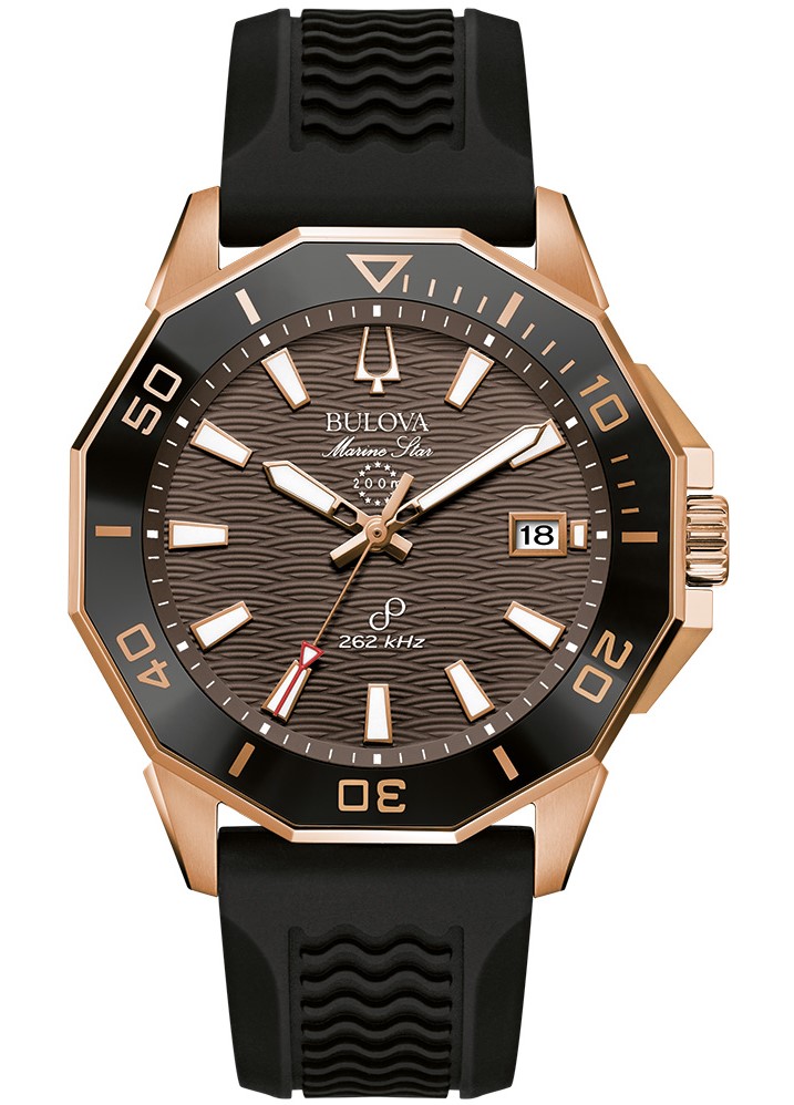 Bulova Herren Armbanduhr 98B421 Marine Star Edelstahl roségold IP Silikonband schwarz