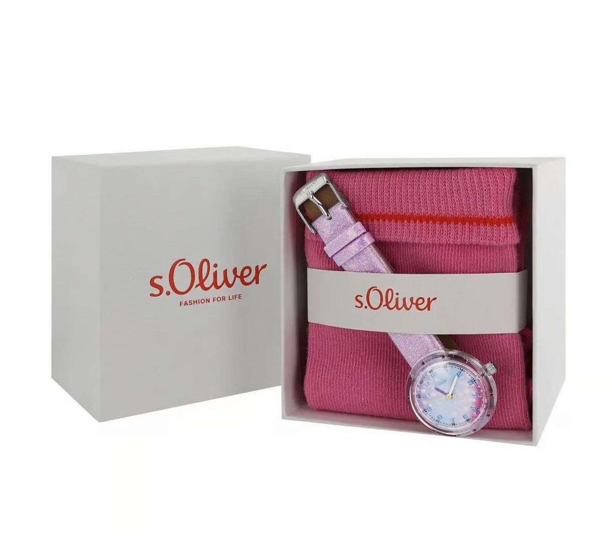 s.Oliver Set 2039618 Mädchen Armbanduhr Glitzerband lila mit Söckchen pink