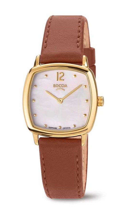 Boccia Damen Armbanduhr Trend 3343-02 Titan gelgold IP Lederband braun